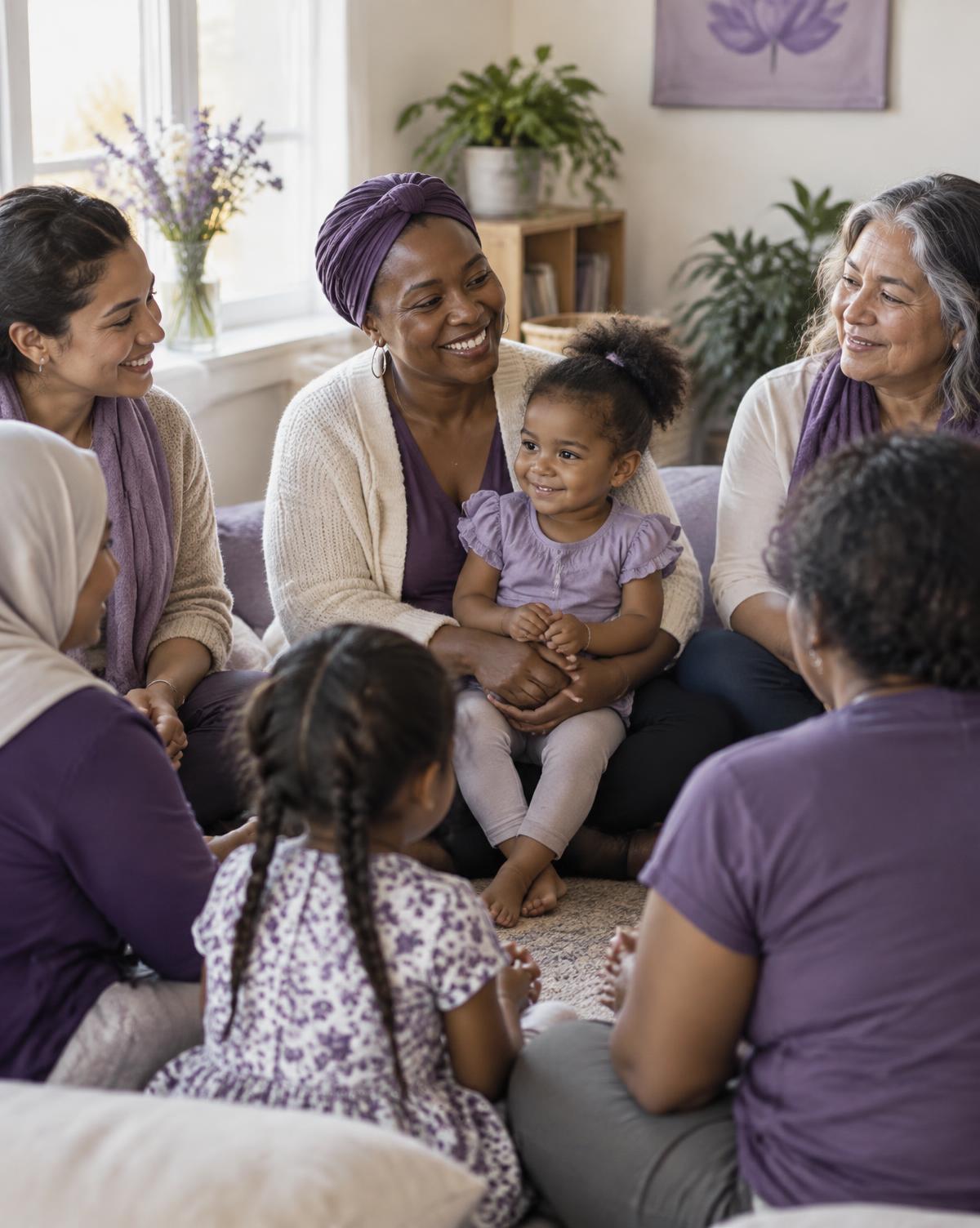 Survivors and their children gathered in a warm support circle