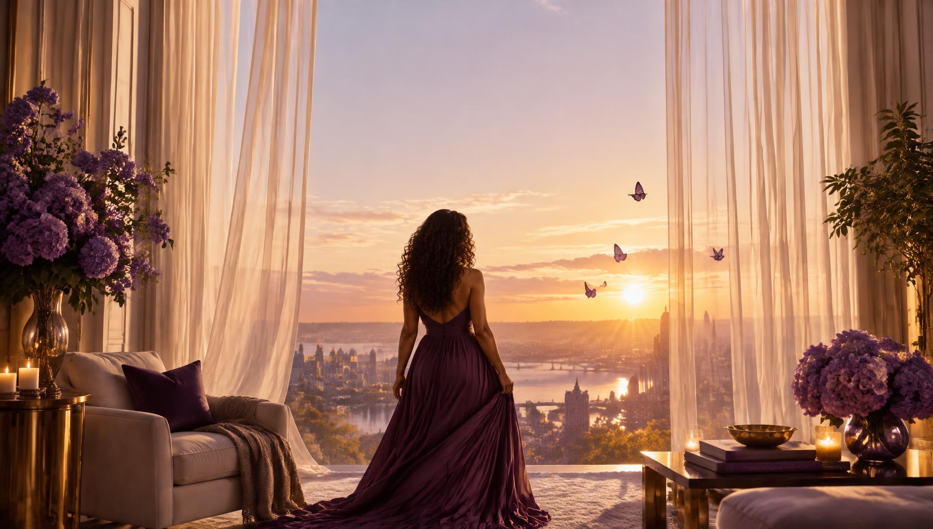 A woman standing in warm morning light with butterflies